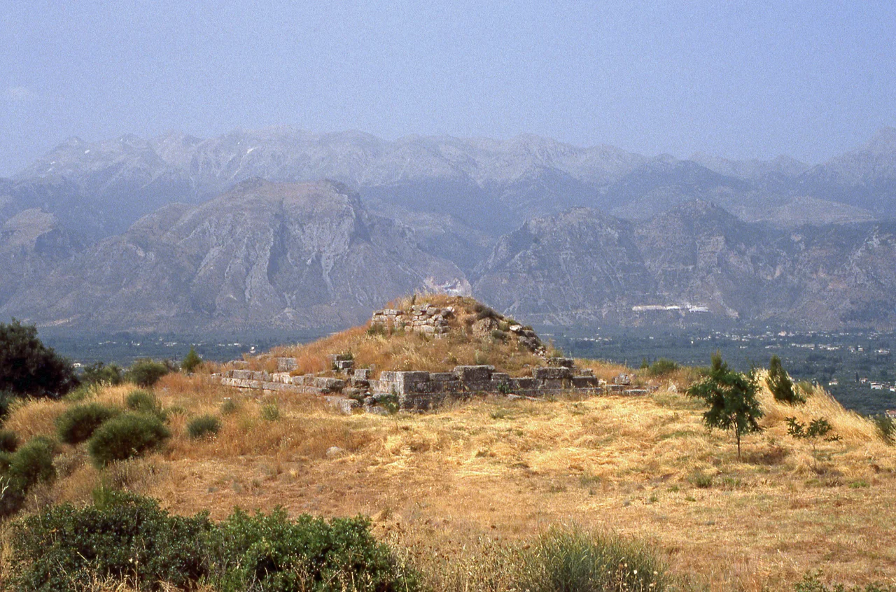Therapne (Sparta). View of the Menelaion from the northeast, with Taygetos in the background.
