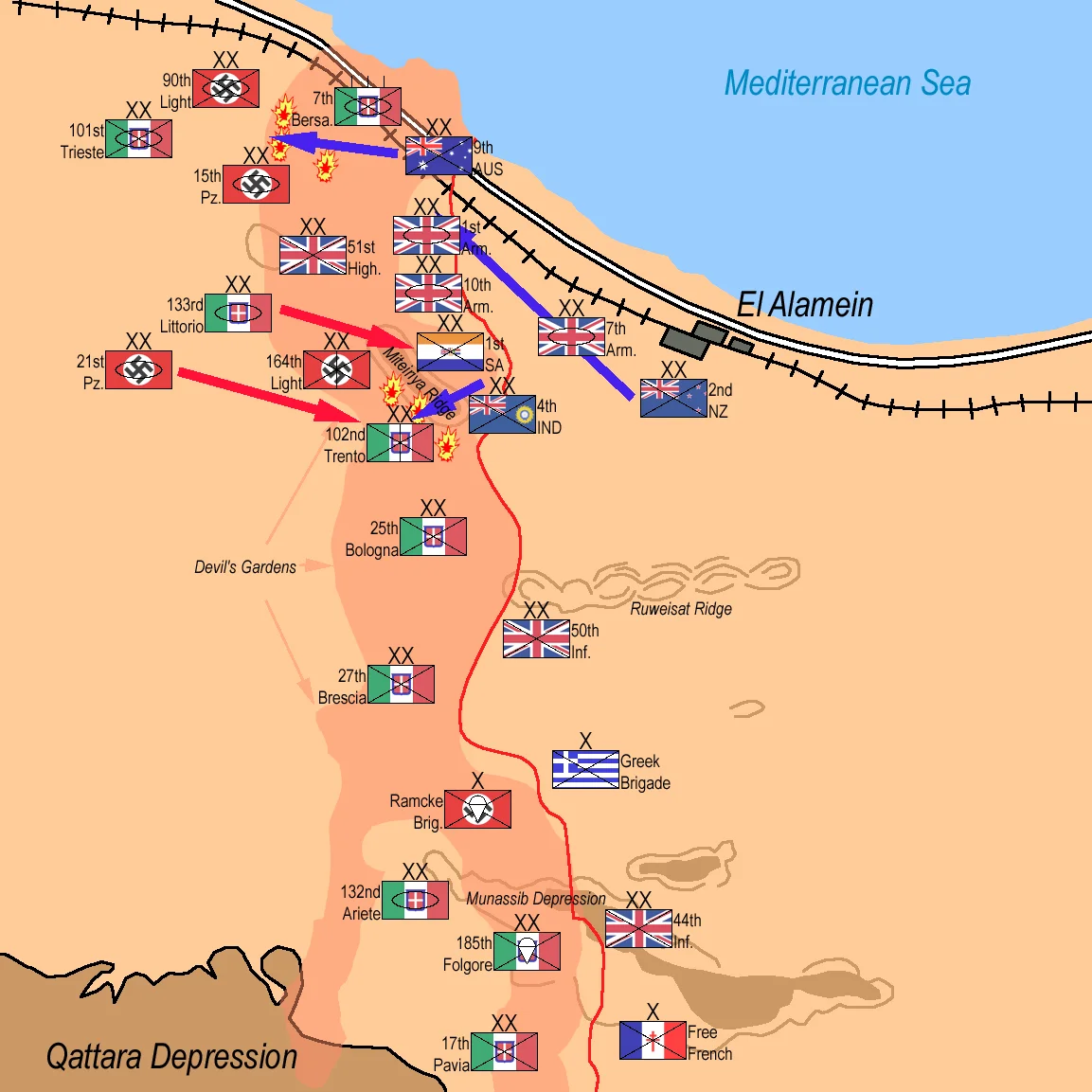 Second Battle of El Alamein:
Trento Division under heavy attack by 1st South African Division and 4th Indian Division falls back. 21st Panzer Division and Littorio Armoured Division counterattack and stabilze Axis front: October 28th, 1942.
2nd New Zealand Division moves behind 9th Australian Division. October 28th, 1942.
Australian 9th Division attempts to break through Axis lines west of Hill 28: 10am October 28th, 1942.