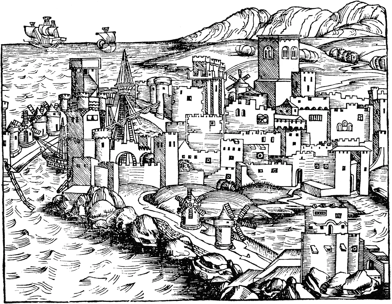 View of Rhodes (i. e. Rhodos, Rhodus), capital of the Greek island of the same name, around 1490. The realistic details are noteworthy; e.g. the windmills around the town, esp. at the seaside.