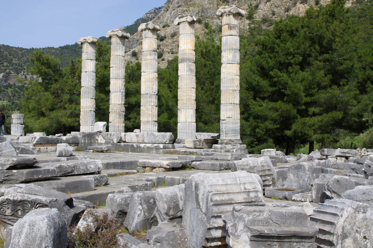 The Temple of Athena was started by Mausolus but completed by Alexander the Great, who hired the great Greek architect Pytheos to complete the design and construction. It is the largest temple in Priene. Pytheos situated the temple so that it had (and still has) a beautiful view over the valley and river below. Alexander the Great invested heavily into rebuilding all of the Greek cities of the Ionic league following the defeat of the Persians. This classic Greek temple was done in the Ionic style and had no frieze around the top. Instead, a dentil design sat above the columns and architrave. The statue of Athena that was originally inside the temple was based on the famous statue by Phidias in the Parthenon of Athens.