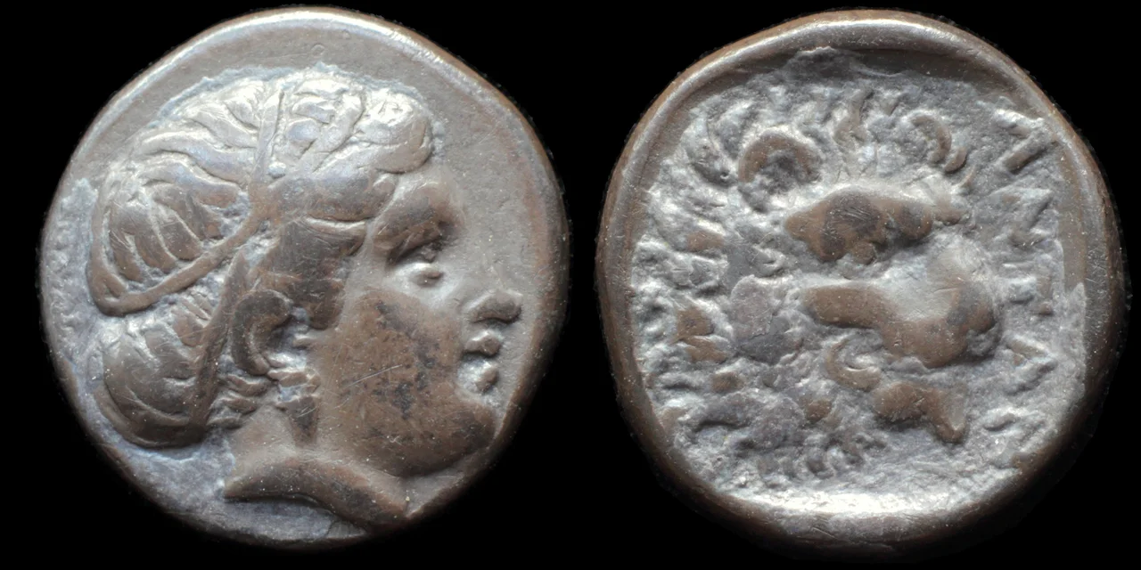 struck in the late 5th century BC
obverse: female head right (Artemis Astyrene?)
reverse: lion head right within incuse square
ANTAN
ref.: Cf. SNG von Aulock 7582 (later type without incuse); SNG München -; SNG Ashmolean -; cf. SNG Tübingen 2555 (same); cf. Klein 298 (same); Traité II -; CNG E-369, lot 113; Gitbud & Naumann 24, lot 170.