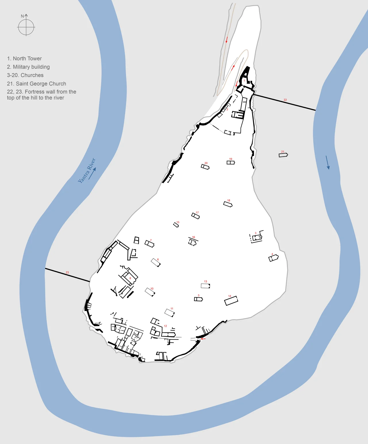 Plan of the medieval Bulgarian fortress Trapezitsa in Veliko Tarnovo. Source - "Trapezitsa Fortress in the Development of Tarnovgrad as the capital of the Second Bulgarian Kingdom", Deyan Rabovyanov - "Ruler, State and Church of the Balkans in the Middle Ages" - Proceedings of an international scientific conference, dedicated to the 60th anniversary of Prof. Dr. Plamen Pavlov. The authors of the original image are engineer Iv. Grigorov and D. Rabovyanov [2]