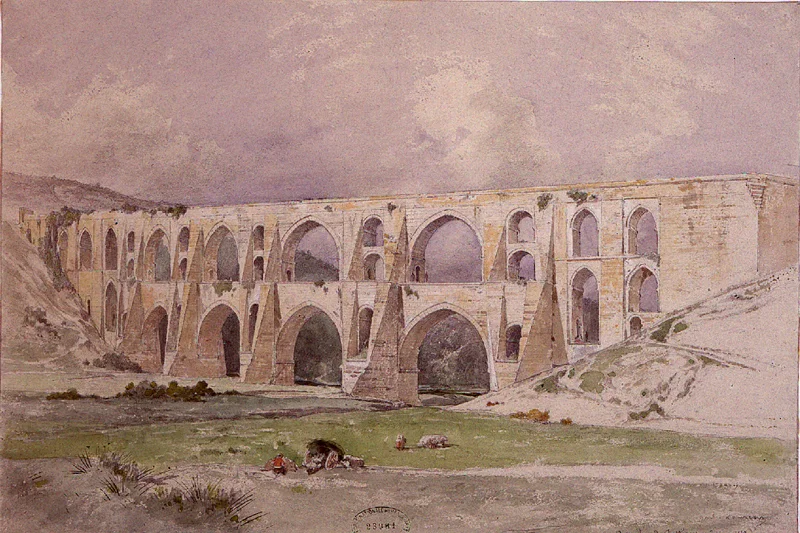 Aquädukt von Mağlova, ausgeführt von Sinan in den Jahren 1553 bis 1564, Aquarell von Jules Laurens (1847)