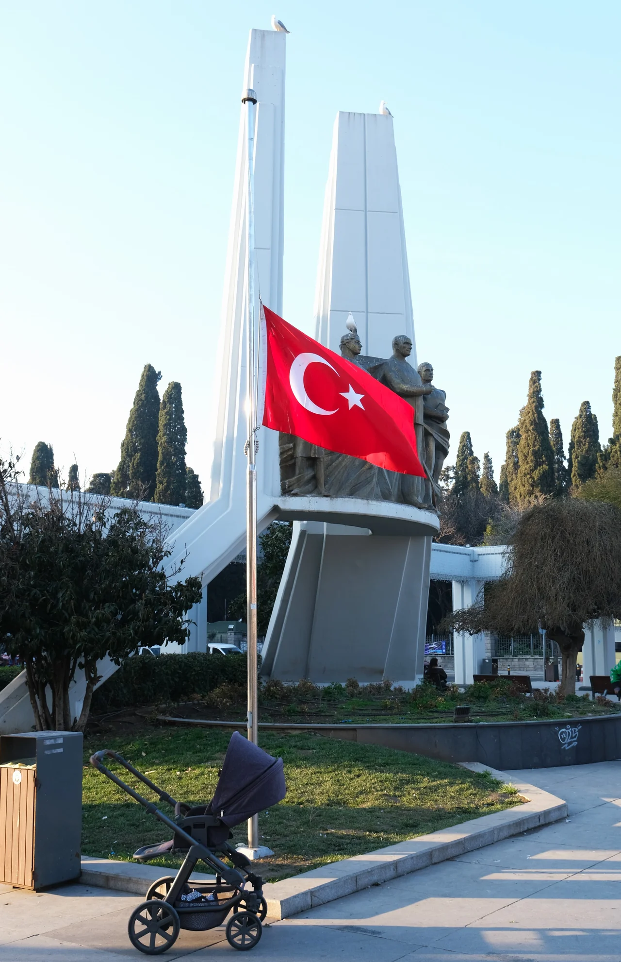 Turkish flag half mast following the Kartalkaya hotel fire, Bakırköy, Istanbul, Turkey.