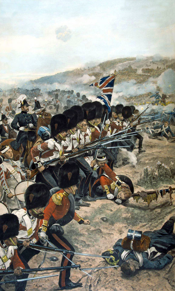 A depiction of the Coldstream Guards, with fixed bayonets, advancing under fire towards the Russian redoubt defending the River Alma (NAM). Woodville leaned towards portraying troops as he guessed they would appear, rather than how they did. Roger T. Steam wrote that this painting "showed guardsmen in erroneous coatees, laced and single-breasted like drummers'" (Gooch, p. 220)