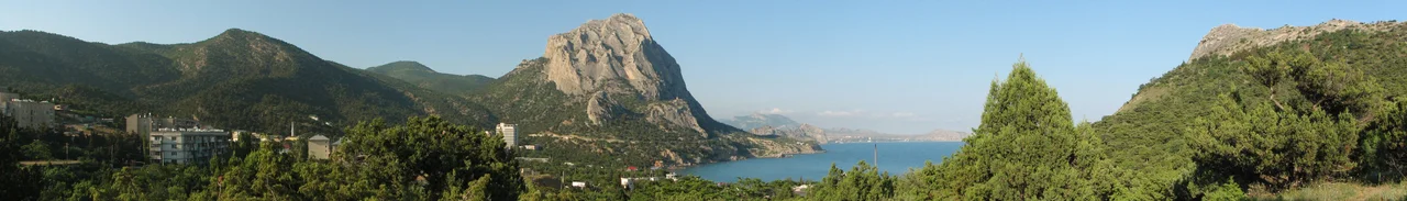 Resort town Novyi Svit in Crimea, Ukraine. View of resort town, cove and rock massif Sokol