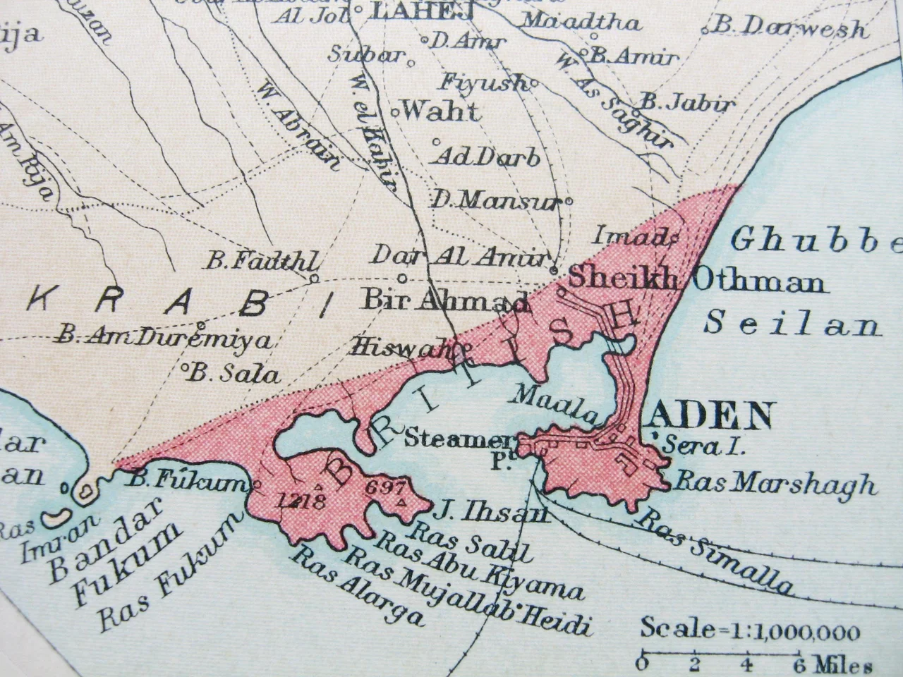 Segment of a 1922 map showing the 75 sq. mi. territory of British Aden, under direct British rule. The 'Aden Protectorate', the considerably larger hinterland, was under indirect British rule.
The port city of Aden was captured by the East India Company in 1839 and until 1932, British Aden was a dependency of the Bombay Presidency ('Aden Settlement'). From 1932 to 1937, it was placed under the direct rule of the Viceroy of India ('Chief Commissioner's Province of Aden'). In 1937, the dependency became a Crown Colony ('Aden Colony') under the authority of the Colonial Office in London. In 1963, under the name 'State of Aden', it became a member of the British-protected Federation of South Arabia. Cropped from an insert of plate 78 (Egypt, the Nile and the Red Sea) of The Times Survey Atlas of the World published in 1922.