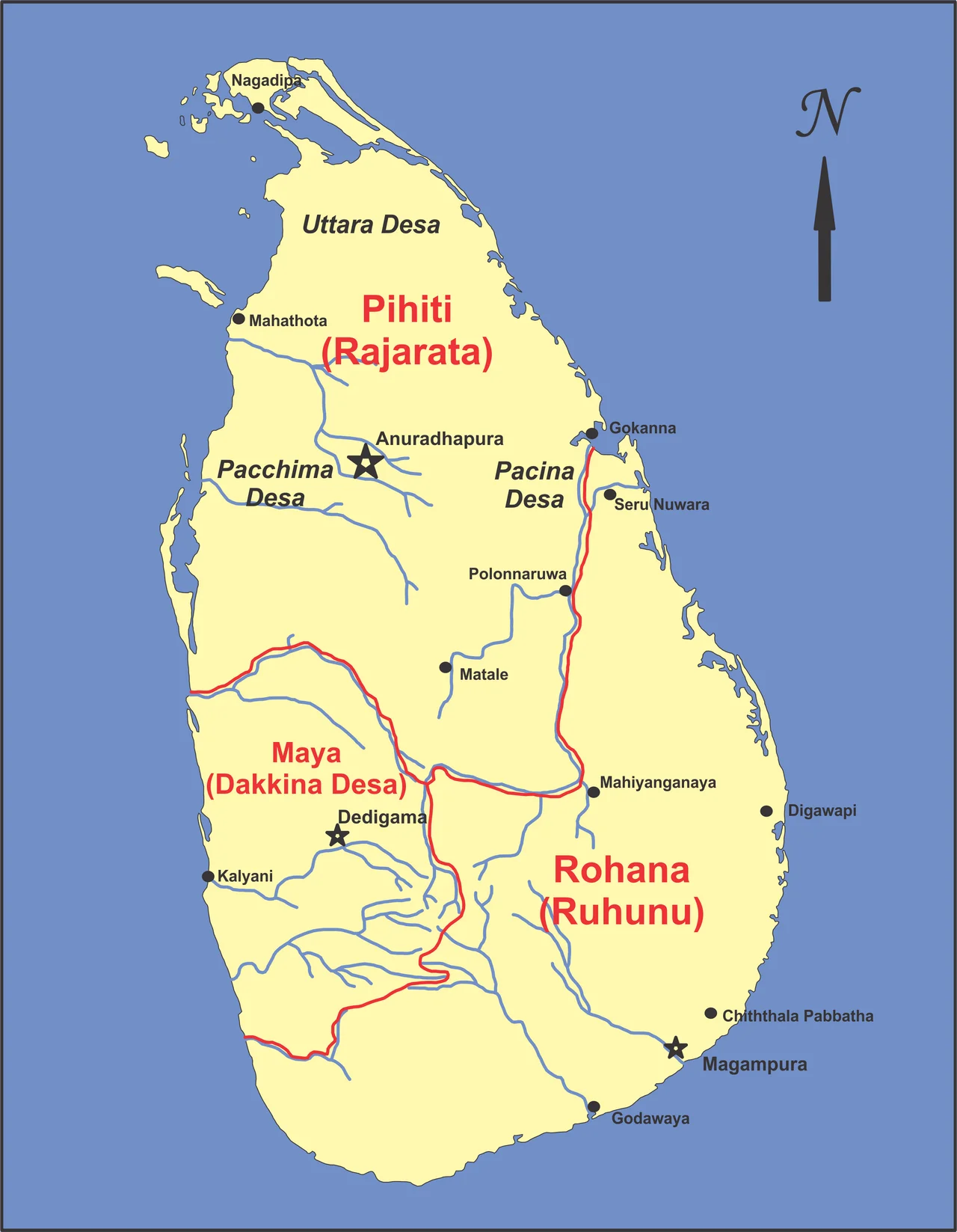 Administrative areas of the Kingdom of Anuradhapura. Rajarata was the personal domain of the King. It was further divided in to four districts (Desa): Dakkina, Pachhima, Uttara and Pacina Desa. District rulers were appointed bu the king and were the chief adminstrative, revenue and judicial officers in the area. It became customary to appoint the heir to the throne as ruler of the Dakkina Desa and as he was called Mahaya or Mapa, Dakkina Desa came to be called the Mayarata.
Source: 'Ceylon and Indian History', LH Horace Perera & M Ratnasabapathy. (1954), p191-192.
