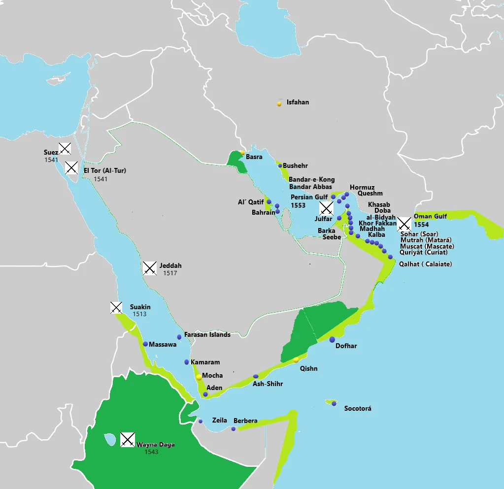 Dominios portugueses en Omán, Golfo Pérsico y Mar Rojo Verde Claro - Territorios portugueses y principales localidades. Verde oscuro - Reino aliado o bajo la influencia de los portugueses.