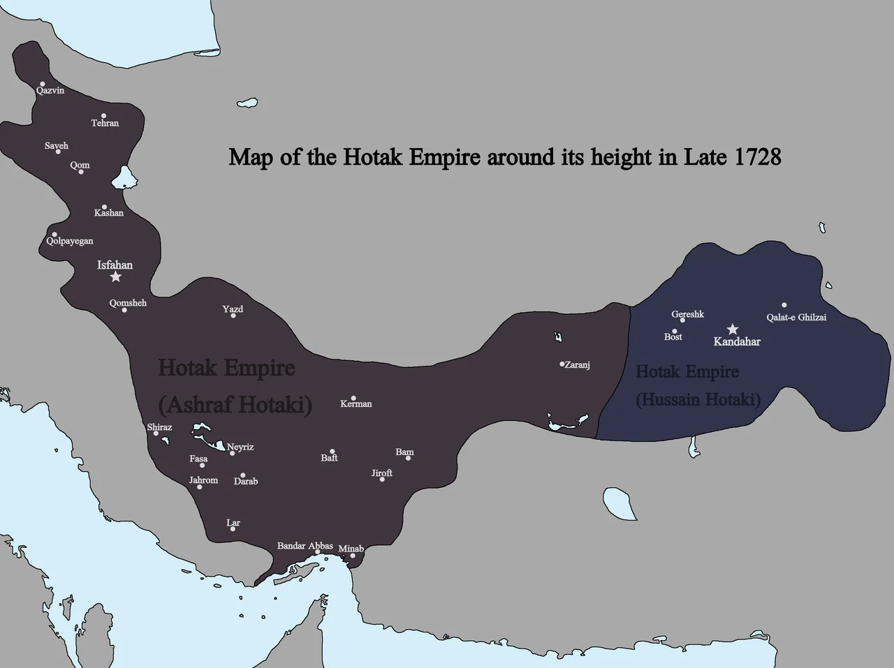 Map of the Hotak Empire around late 1728. Sources consulted in the making of this map include:
The Fall of the Safavi Dynasty and the Afghan Occupation of Persia by Laurence Lockhart
The Afghan Occupation of Safavid Persia 1721-1729 by Willem Floor
Articles from Encyclopedia Iranica
History of the Wars 1721-1738 by Abraham of Erevan and translated by George A. Bournoutian
The Chronicles of a Traveller: Or, A History of the Afghan Wars with Persia by Tadeusz Judas Krusiński