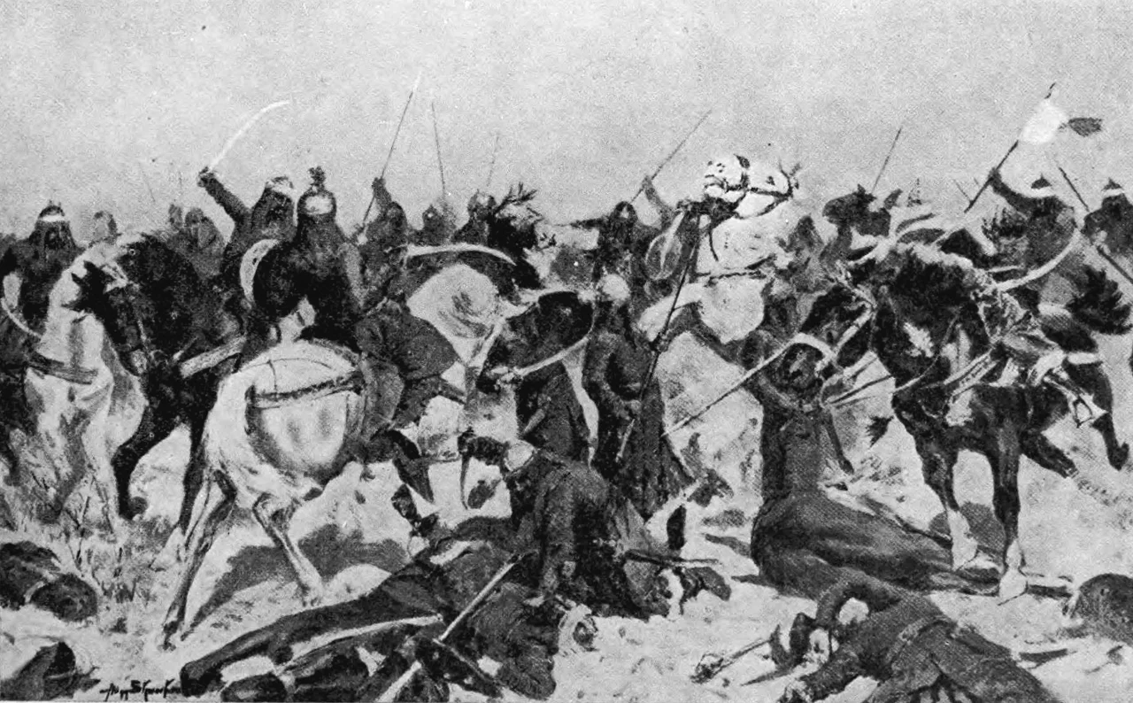 The last stand of Rajputs against Muhammadans in 1192 A.D., signed Alan Stewart. reference
Muhammad Ghori defeats Prithiviraj (Raj Pithora) of Ajmer and Delhi.
Painted specially for this work
From Hutchinson's story of the nations, containing Egyptians, the Chinese,the Indians, the Babylonian nation, the Hittites, the Assyrians, the Phoenicians and the Carthaginians, the Phrygians, the Lydians, and other nations of Asia Minor.