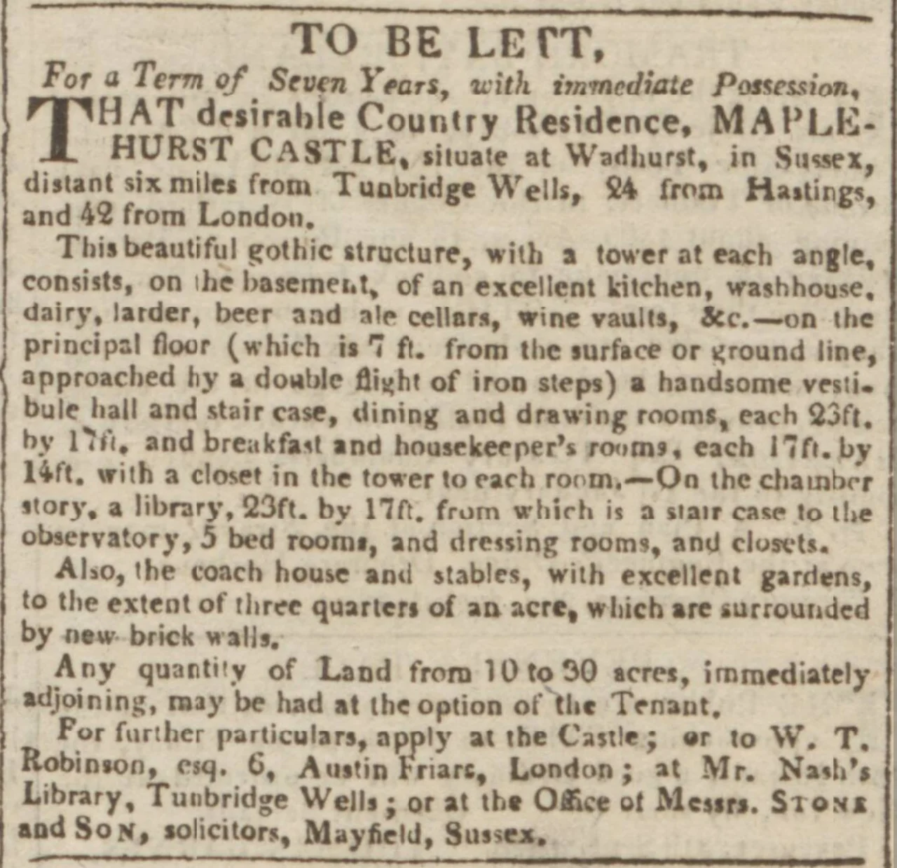 Rental notice for Wadhurst Castle 1820