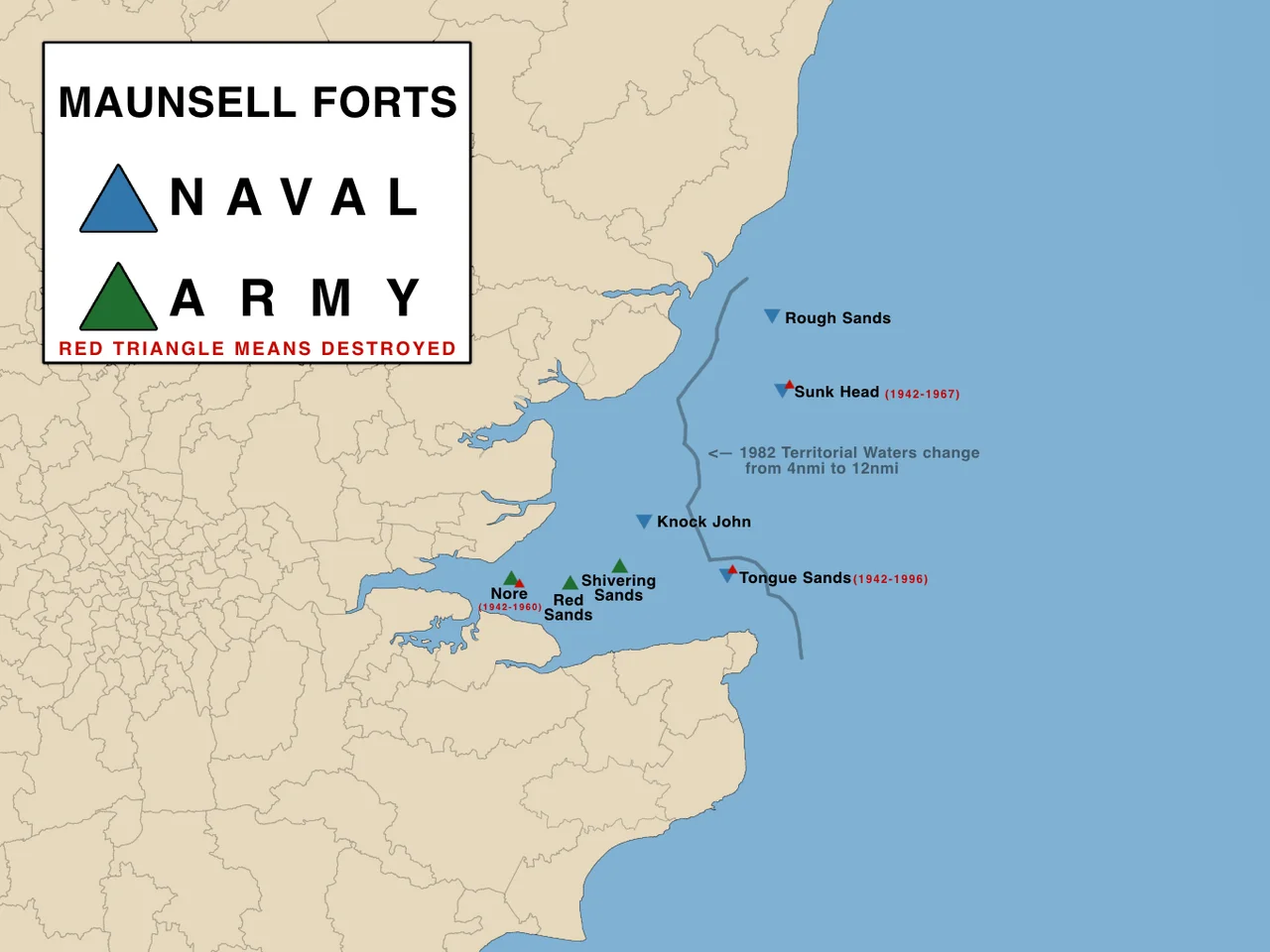 Locational Map of the British Maunsell Forts within the Thames Estuary.