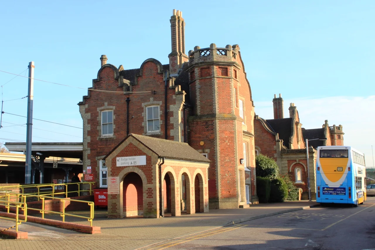 The railway station at Stowmarket, viewed from the north of the station car park.