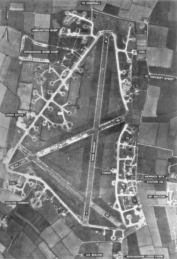 Aerial photograph of Hardwick Airfield, England.