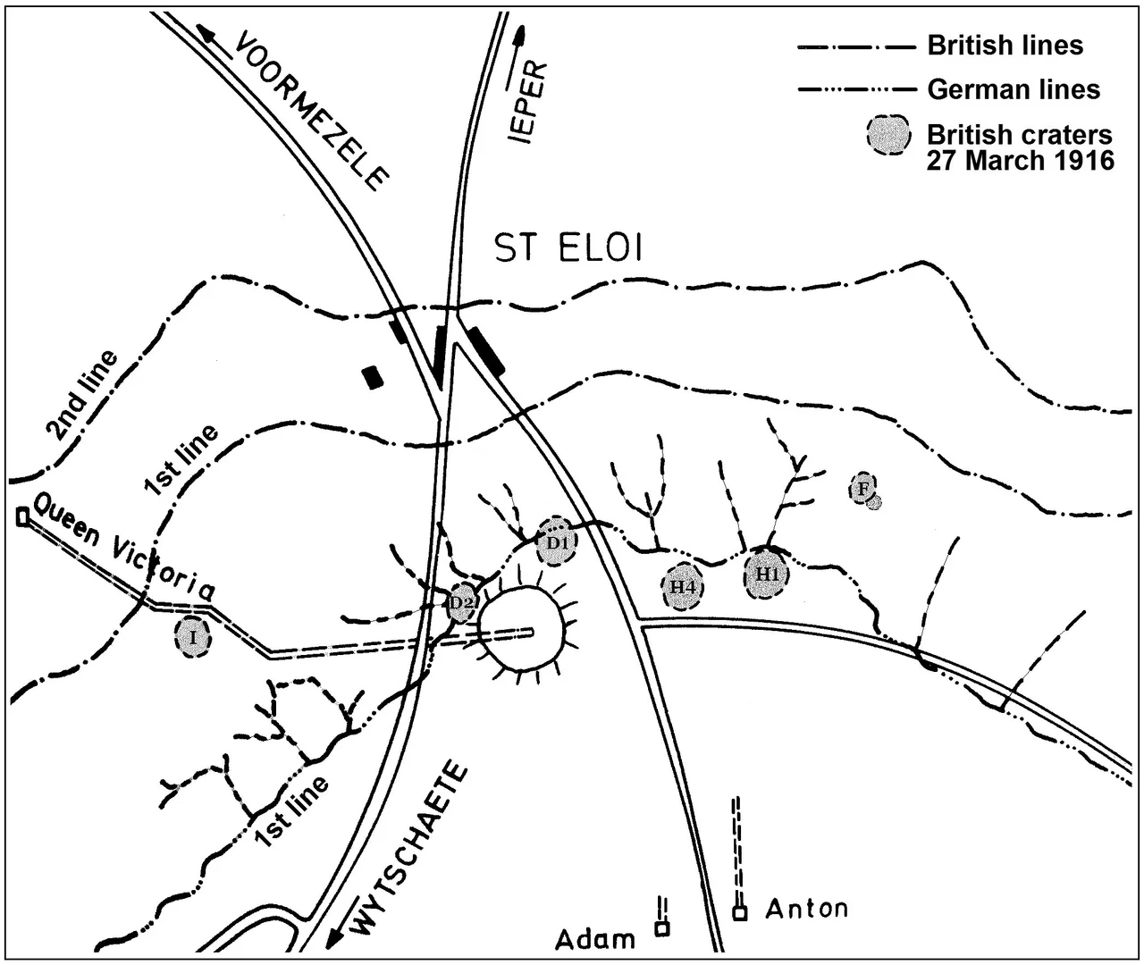 Map of St Eloi with evidence of British mining: craters of the six mines fired on 27 March 1916 at the start of the Battle of St Eloi Craters and plan of the deep mine dug from the "Queen Victoria" gallery and fired on 7 June 1917 as part of the mines placed by the tunnelling companies of the Royal Engineers in the Battle of Messines. This drawing is based on the plans published in Roger Lampaert, De Mijnenoorlog in Vlaanderen 1914–1918, Roesbrugge/Belgium (Drukkerij Schoonaert) 1989; and Simon Jones, Underground Warfare 1914-1918, Barnsley (Pen & Sword Books) 2010, p. 100
