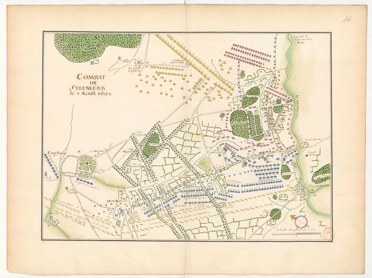 Sujet : Théâtre de la guerre
Opérations militaires
Bataille de Steinkerque (1692)
Steenkerque -- Environs
Échelle(s) : Echelle d'un quart lieue [= 7,8 cm]
Couverture : Belgique – Hainaut

Langue : français
