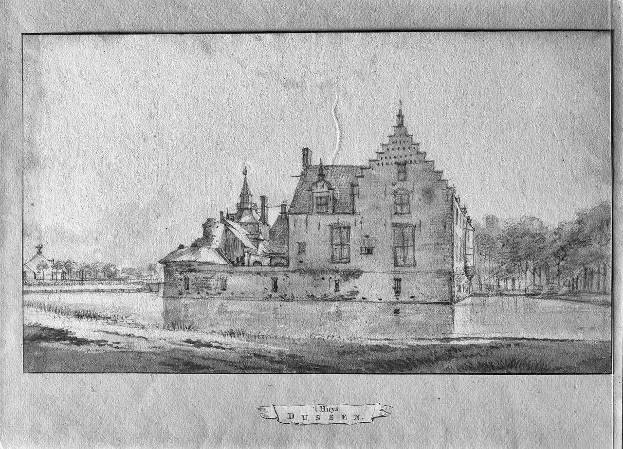 Kasteel-Raadhuis: naar Oostindische inkttekening door R.Roghman in het Museum Teyler