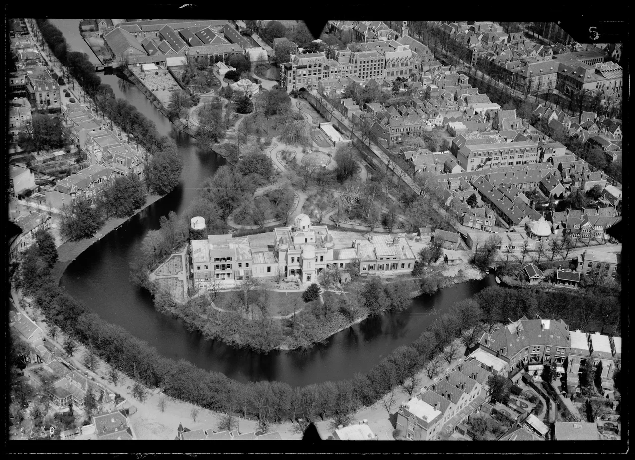 Aerial photograph of Leiden, The Netherlands. Hortus botanicus, Observatory.