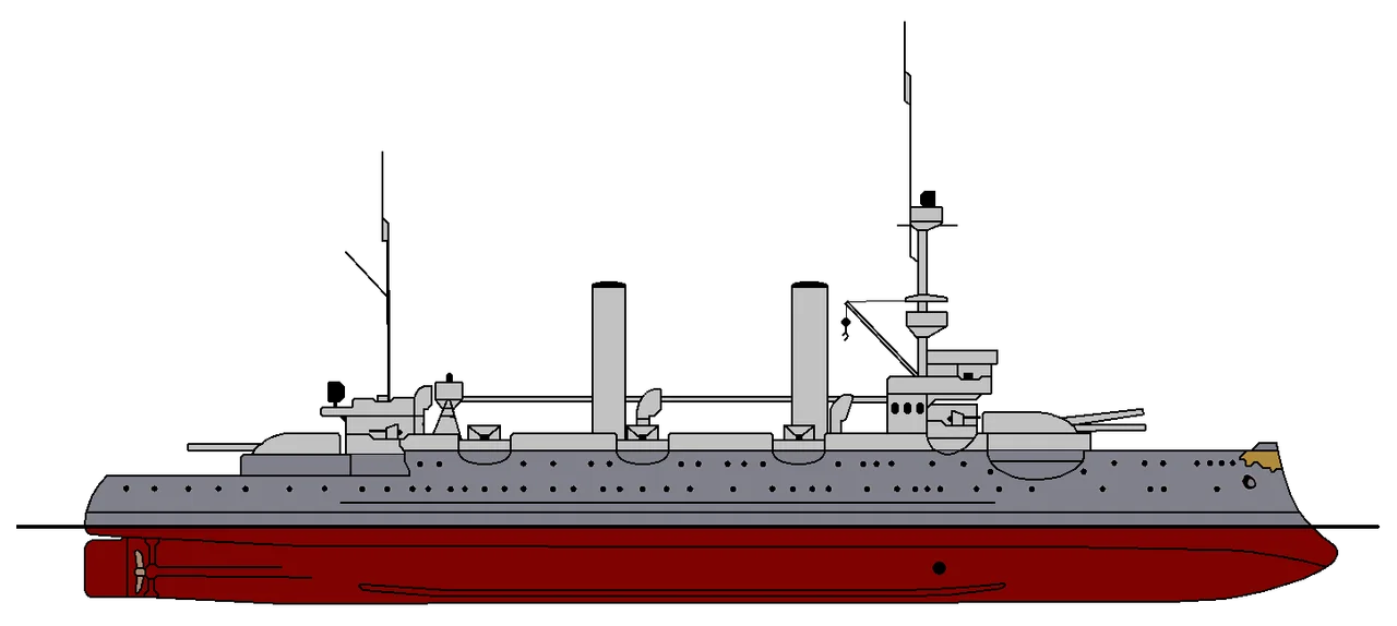 Seitenriss des deutschen Küstenpanzerschiffs SMS Hagen im Zustand von 1910 mit der ab  1895 gültigen Farbgebung von steuerbord.