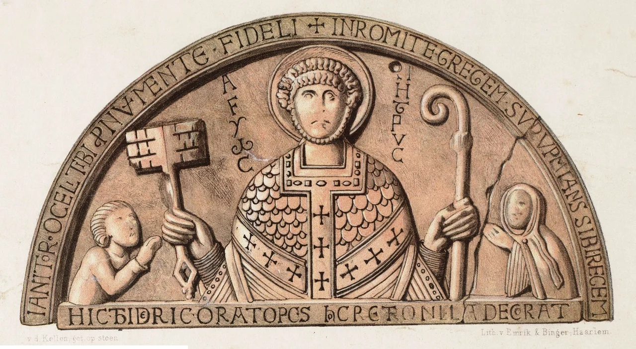 Chromolithography of the tympanum of Egmond Abbey printed by Emrik & Binger, Haarlem