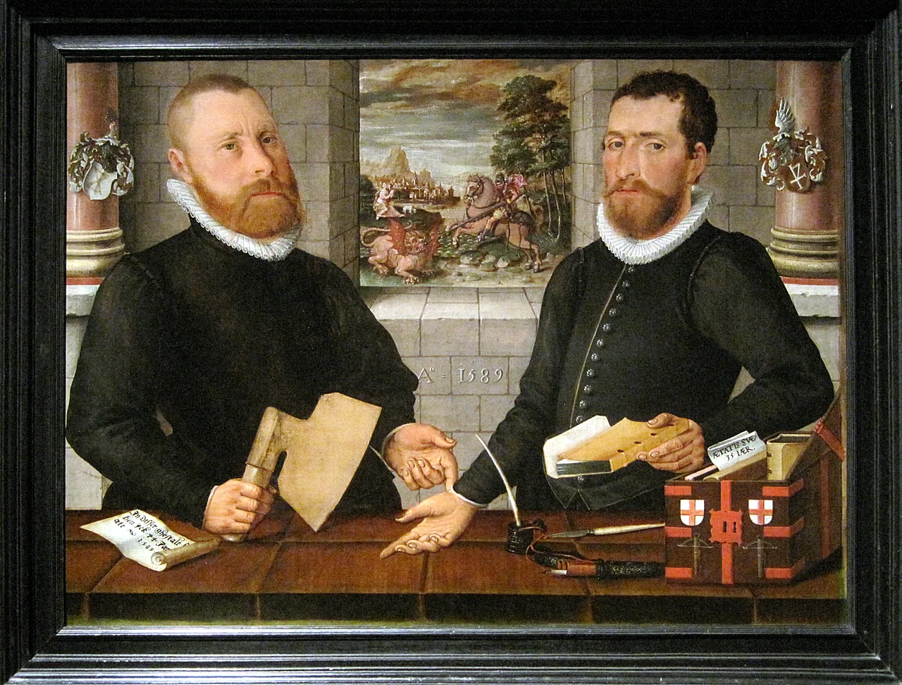 « Portrait de deux membres de la guilde de Saint Georges », huile sur toile (87 x 122 cm), réalisée en 1589 par un peintre anonyme, conservée au Westfries Museum à Hoorn (Pays-Bas). - Photographie réalisée lors de l’exposition «L’homme le dragon et la mort » au Musée des Arts contemporains (MAC’s) à Hornu (Belgique).