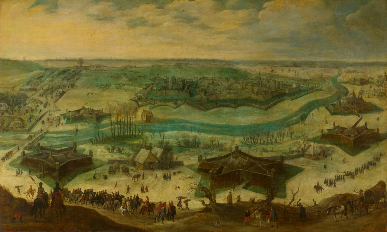 Het beleg van Gulik door de Spanjaarden onder Hendrik van den Bergh, tussen 5 september 1621 en 3 februari 1622. In het midden ligt de stad omgeven door vestingwerken, op de voorgrond een stoet ruiters en troepen van de belegeraars.