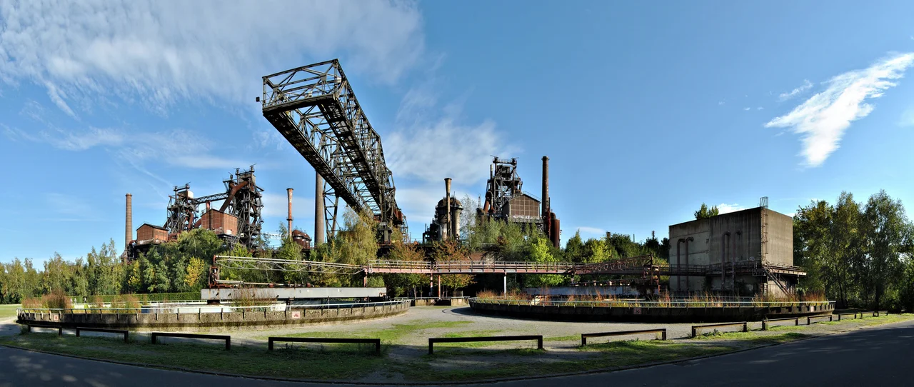Panoramic view (140°) of the Landschaftspark Duisburg-Nord, in Duisbourg, Germany.