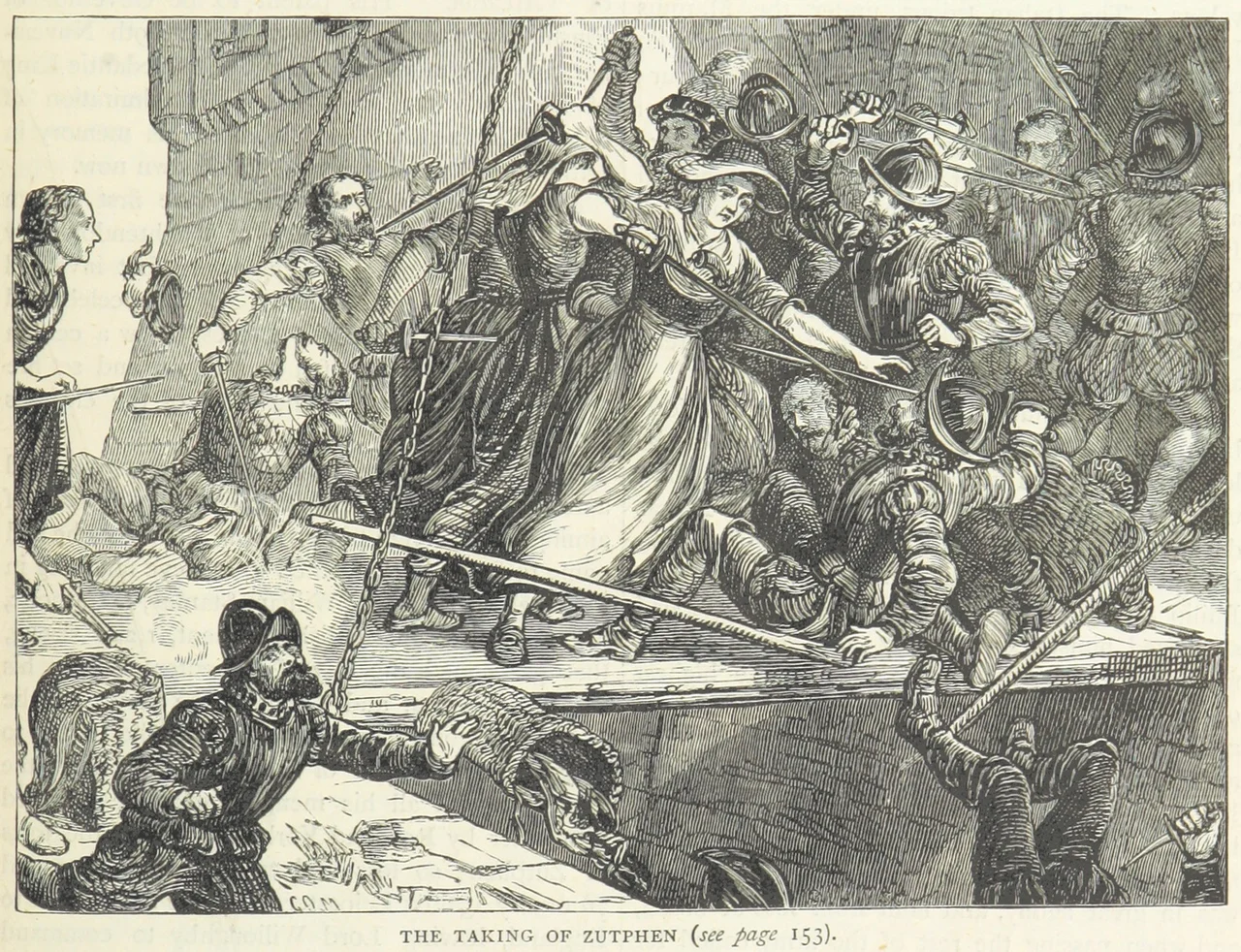 The taking of the west sconce during the Siege of Zutphen in 1591.  The figures in women's clothing are disguised English soldiers.