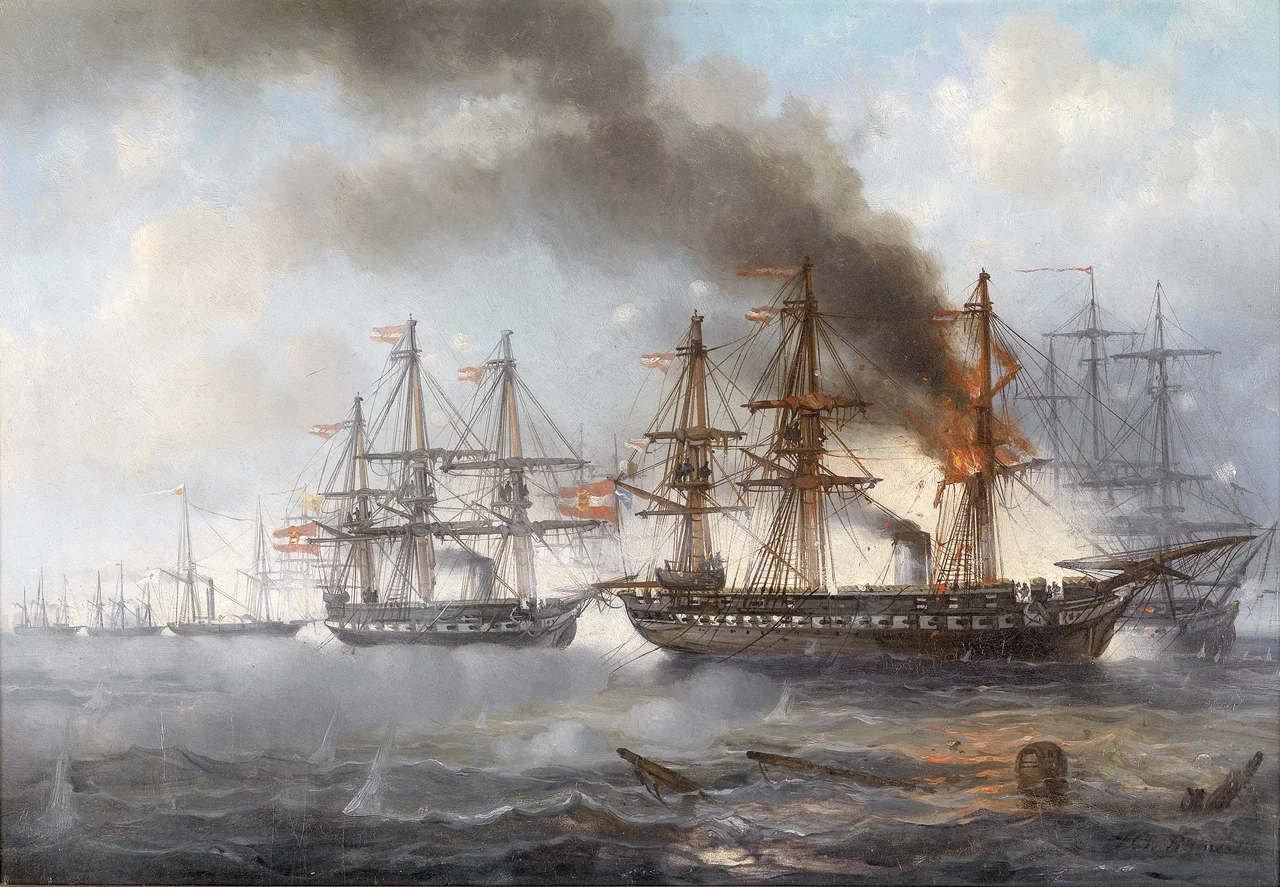 Das Seegefecht bei Helgoland 1864 (die brennende österreichische Fregatte Schwarzenberg, dahinter die Fregatte Radetzky), Öl auf Karton, signiert "Püttner", 38,5 x 26,5 cm