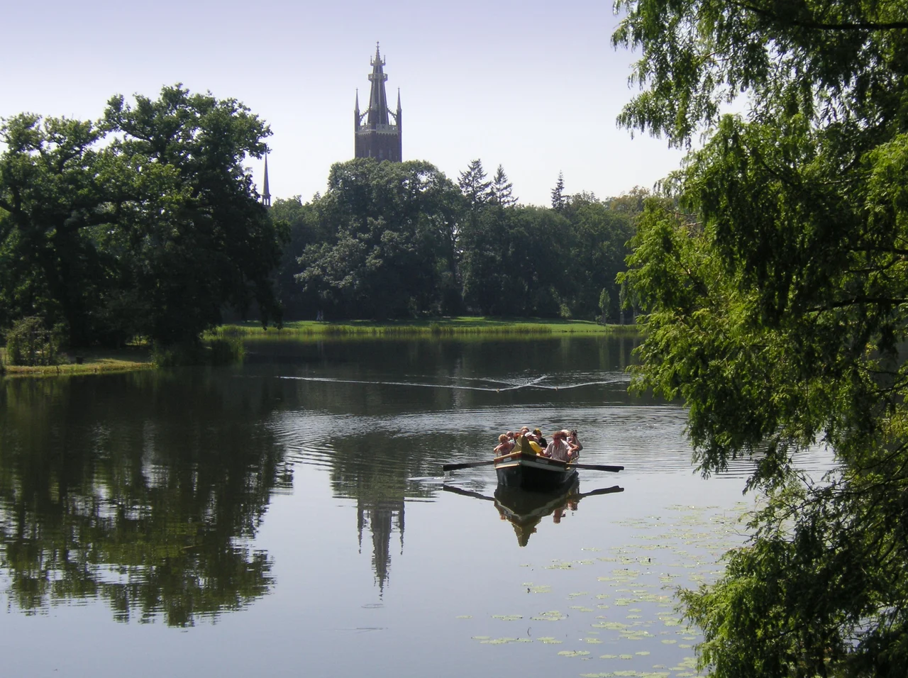 Wörlitz Lake and Church St.Petri in Wörlitz near Dessau, Germany