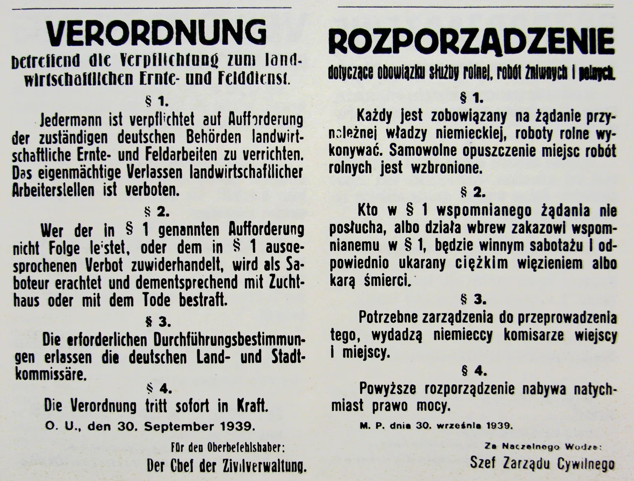 German notice from 30 September 1939 in occupied Poland, warning of the death penalty for refusal to work during harvest