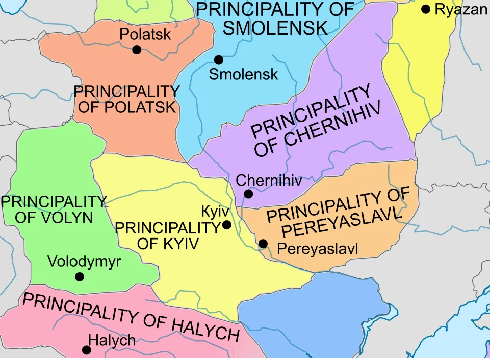 The "triangle of Kyiv, Chernihiv and Pereyaslavl" in 1132, also known as the "Kyiv–Chernihiv–Pereiaslav triangle", the "triangle of Kiev, Chernigov, and Pereiaslavl’", or "Kievan triangle". According to Soviet historian Arseniy Nikolaevich Nasonov, “Russkaia zemlia” i obrazovanie territorii drevnerusskogo gosudarstva. Istoriko-geograficheskoe issledovanie (Moscow: Nauka, 1951), pp. 216–20, these three urban centres and their principalities formed the core area of what contemporaneous Rus' sources (since the late 11th century, through the 12th century, until at least the early 13th-century Kyivan Chronicle) identified as "Rus'", or "the Rus' Land". Nasonov posited, for example, that when these texts said someone travelling from Vladimir-Suzdal in the northeast, Velikiy Novgorod in the north, or Galicia-Volhynia (Halych-Volyn) in the southwest, was "going to Rus'", the context indicated that this usually meant the area of the cities of Kyiv (Kiev), Chernihiv (Chernigov) and Pereyaslavl (Pereiaslav) on the Middle Dnipro (Dnieper). The area designated as "Rus' (Land)" would only expand later to encompass other parts of the Rurikid/Volodimerovichi realm, or the whole of Kievan Rus' (Kyivan Rus'). In addition, by the middle of the 14th century, the term "Rus' Land" had taken on a new, third meaning, no longer referring to the Kievan triangle or all of former Kievan Rus', but to the Suzdalian principalities in the northeast, later specifically Muscovy (the Grand Duchy of Moscow).
Several scholars such as Rybakov (1953), Cherepnin (1958), Tikhomirov (1947) and Artamonov (1962) accepted Nasonov's theory. Opponents such as Likhachev and Soloviev claimed that the term "Rus' (Land)" had already acquired a broader political meaning encompassing all East Slavic Kievan Rus' territories earlier that Nasonov proposed.

Plokhy, Serhii (2006)       The Origins of the Slavic Nations: Premodern Identities in Russia, Ukraine, and Belarus, Category:New York:  Cambridge University Press, pp. 37–39, 49, 70–71  ISBN:  978-0-521-86403-9. 
Halperin, Charles J. (17 February 2016). "A Tatar interpretation of the battle of Kulikovo Field, 1380: Rustam Nabiev". Nationalities Papers 44 (1): 12. DOI:10.1080/00905992.2015.1063594. ISSN 0090-5992.
Halperin, Charles J. (2022)       The Rise and Demise of the Myth of the Rus' Land, Leeds:  Arc Humanities Press, pp. 7, 18, 20, 41, 58  ISBN:  9781802700565. 
  Kyiv
  Chernihiv
  Pereyaslavl
  Halych
  Volyn
  Polatsk
  Smolensk
  Novgorod
  Rostov-Suzdal
  Murom-Ryazan
  (disputed)
