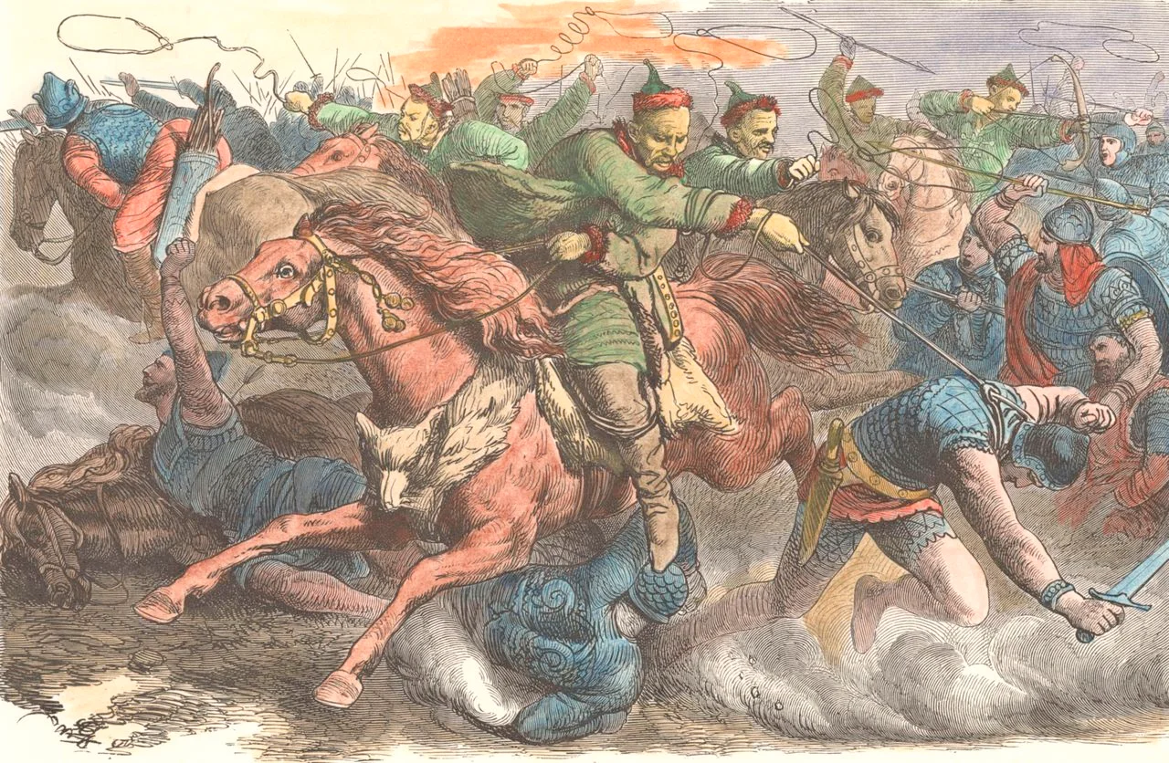 Huns in battle with the Alans, 1870s engraving after a drawing by Johann Nepomuk Geiger (1805-1880).  Huns in battle with the Alans, by Peter Johann Nepomuk Geiger. Die Hunnen im Kampf mit den Alanen [Tr., The Huns in battle with the Alans] (Johann Nepomuk Geiger, 1873)  The Alans, an Iranian people who lived north and east of the Black Sea, were Europe's first line of defence against the Asiatic Huns. They were dislocated and settled throughout the Roman Empire.