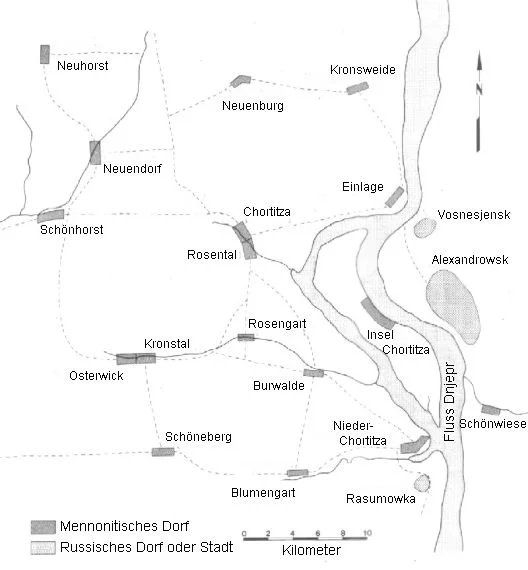 Skizze der mennonitischen Siedlung Chortitza