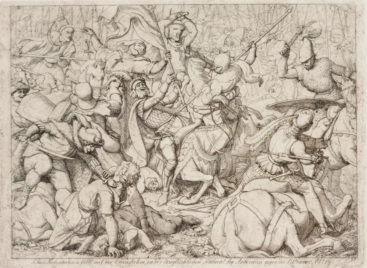 "Ordulipp käes langeb Johann von Tiesenhausen Aizkraukle lahingus leedulaste vastu" (1842). Ofort paberil. Kujutise kõrgus 23,0 cm ja laius 31,0 cm; lehe kõrgus 28,0 cm ja laius 38,7 cm.