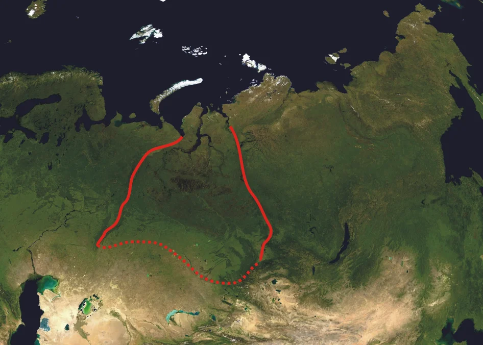 A composed satellite photograph of Asia in orthographic projection This is NASA "Blue Marble" image applied as a texture on a sphere using Art of Illusion program. The observer is centered at (40° N, 85° E), at Moon distance above the Earth.
This modification describes boundaries of West Siberian Plain (red line).