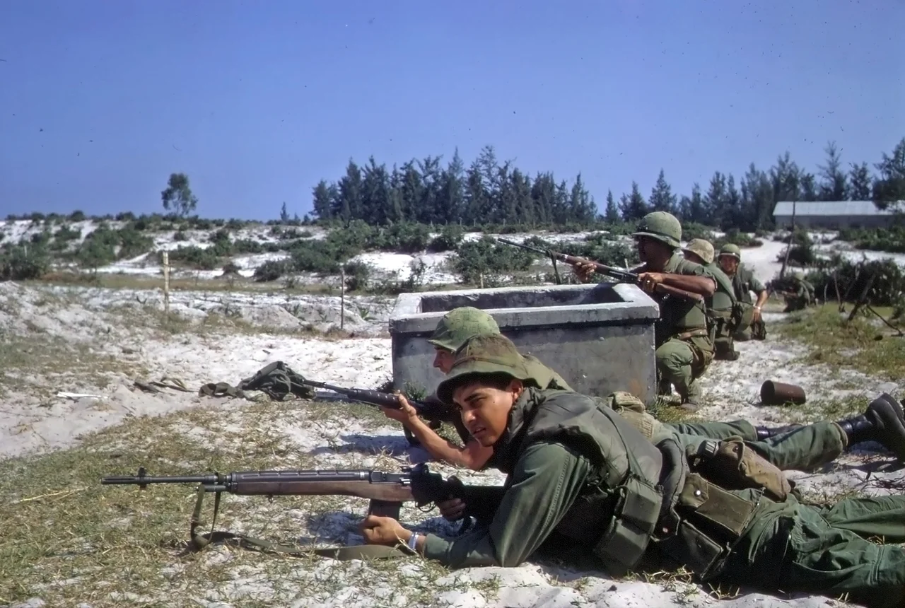 Battle of Hamo Village During the Tet Offensive. US Marines and ARVN troops defend a position against enemy attack.