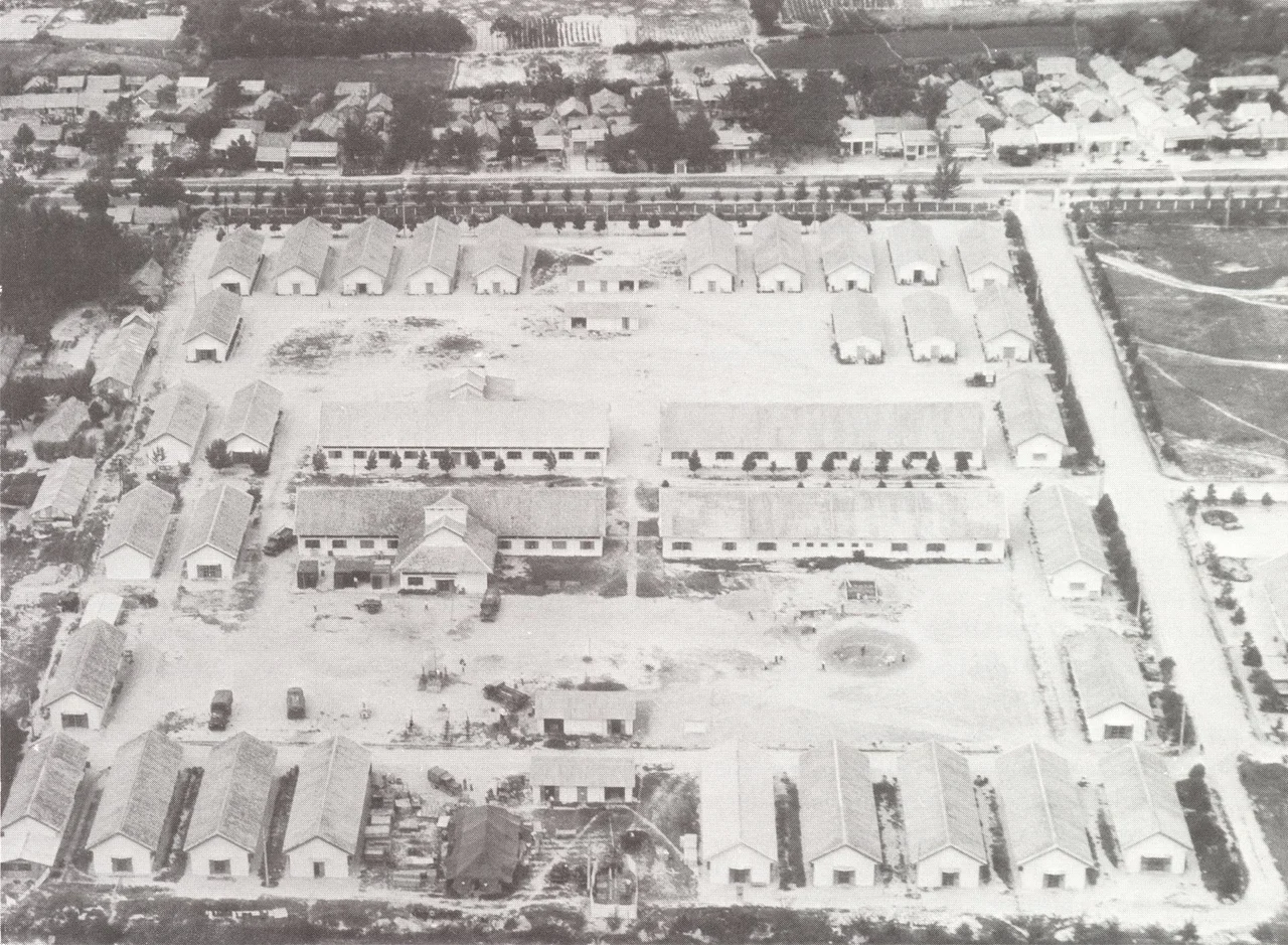 Aerial view of Marine helicopter flight line at Da Nang shortly after SHUFLY's relocation to I Corps in September 1962 during the Vietnam War.