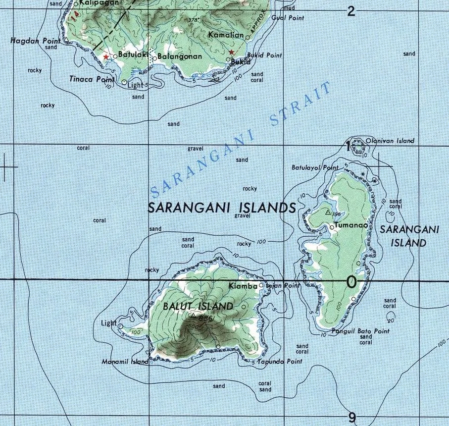fragmento hoja NB 51-12 Caburan que comprende las islas de Sansangani Philippines 1:250,000 Series S501, U.S. Army Map Service, 1954-