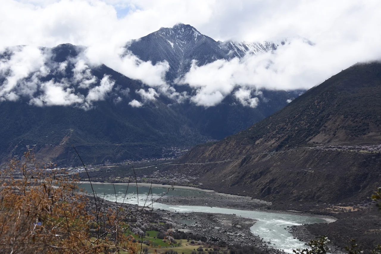 Q30026988:The Yarlung Zangbo River bypass Namjagbarwa turning south, forming the world's longest and deepest Grand Canyon, created in the south-eastern Tibetan Plateau exotic forest ecological landscape. The ancient peach forest on the shore is just in full bloom, although the plateau temperature is lower; it has brought people a breath of spring.
