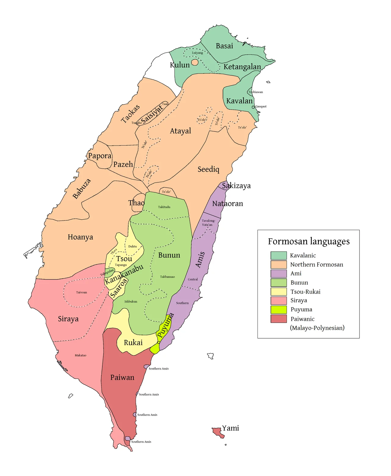 Distribution of Formosan languages before Chinese colonization. Classification from Austronesian Basic Vocabulary Database, distribution from Tsuchida 1983, naming from Ethnologue.