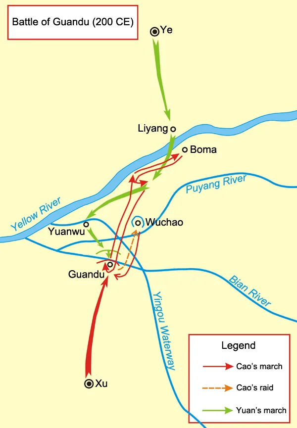 English: Map of the Battle of Guandu
Chinese: 官渡之戰示意圖 繪制作:竹圍牆
Also referenced are:
de Crespigny, Rafe. "To Establish Peace: being the Chronicle of the Later Han dynasty for the years 189 to 220 AD as recorded in Chapters 59 to 69 of the Zizhi tongjian of Sima Guang". Volume 1. Faculty of Asian Studies, The Australian National University, Canberra. 1996. ISBN 0-7315-2526-4. Volume 1, Map 13.
Leban, Carl. Ts'ao Ts'ao and the Rise of Wei: The Early Years. Columbia University. 1971. p. 324