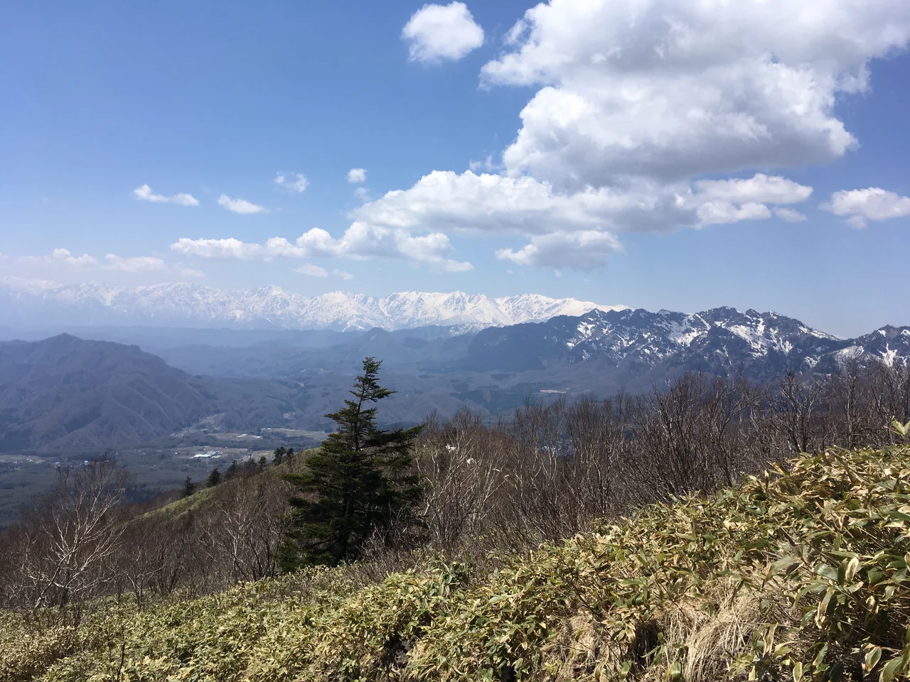 This is a photo of Nishidake and Honindake in the foreground (Myōkō-Togakushi Renzan National Park) and the snow-covered mountains of Hakuba Village in the background from Mt. Iizuna.