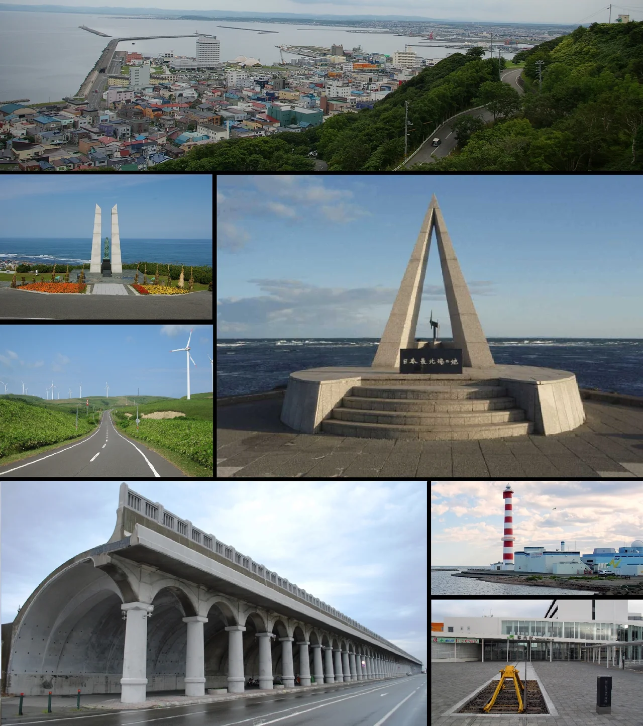 File:Wakkanai harbor.JPG
File:Cape Soya 2007.jpg
File:Hyousetsu no mon.JPG
File:Soya wind farm.JPG
File:防波堤ドーム-01.JPG
File:稚内灯台 - panoramio.jpg
File:Wakkanai Station1.JPG
以上7画像を使用しUser:Halowandが作成